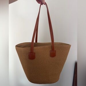 Woven Straw Tote Bag with Brown Leather Handles